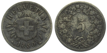 5 Rappen 1850 BB - vorzüglich, Patina